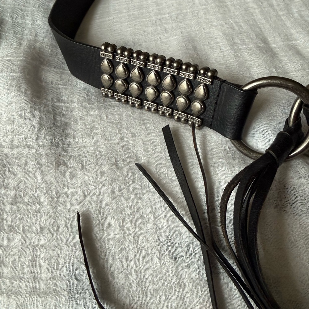 Anne Klein Black Leather Western Fringe Belt with Silver-Tone Studs